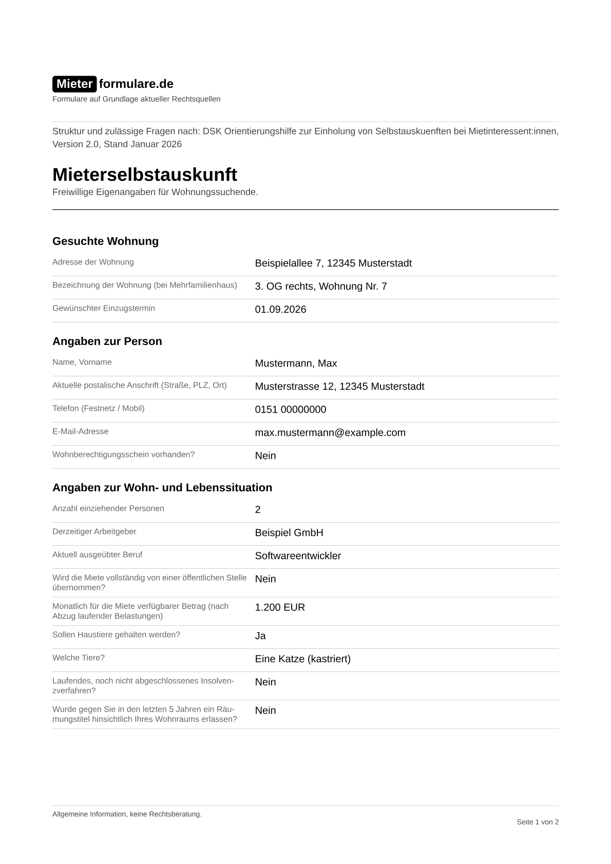 Musteransicht der ausgefüllten Mieterselbstauskunft, Seite 1 und 2
