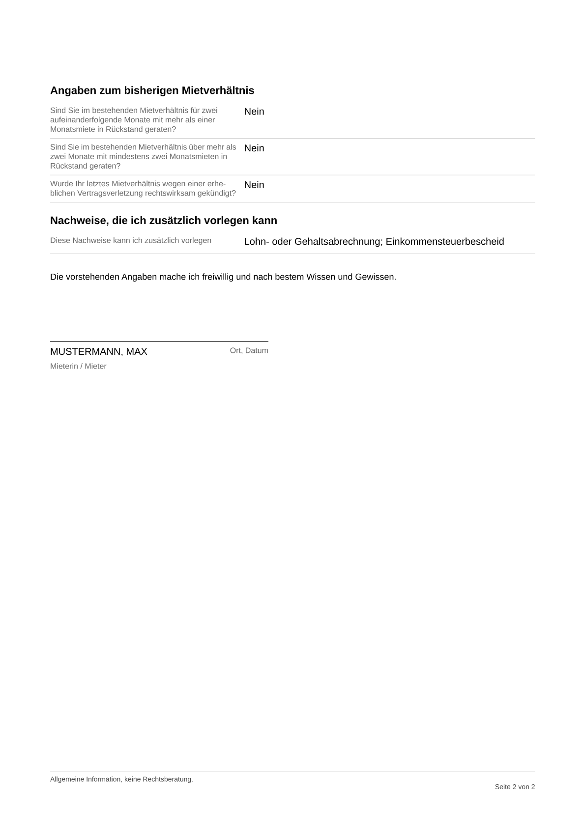 Musteransicht der ausgefüllten Mieterselbstauskunft, Seite 1 und 2