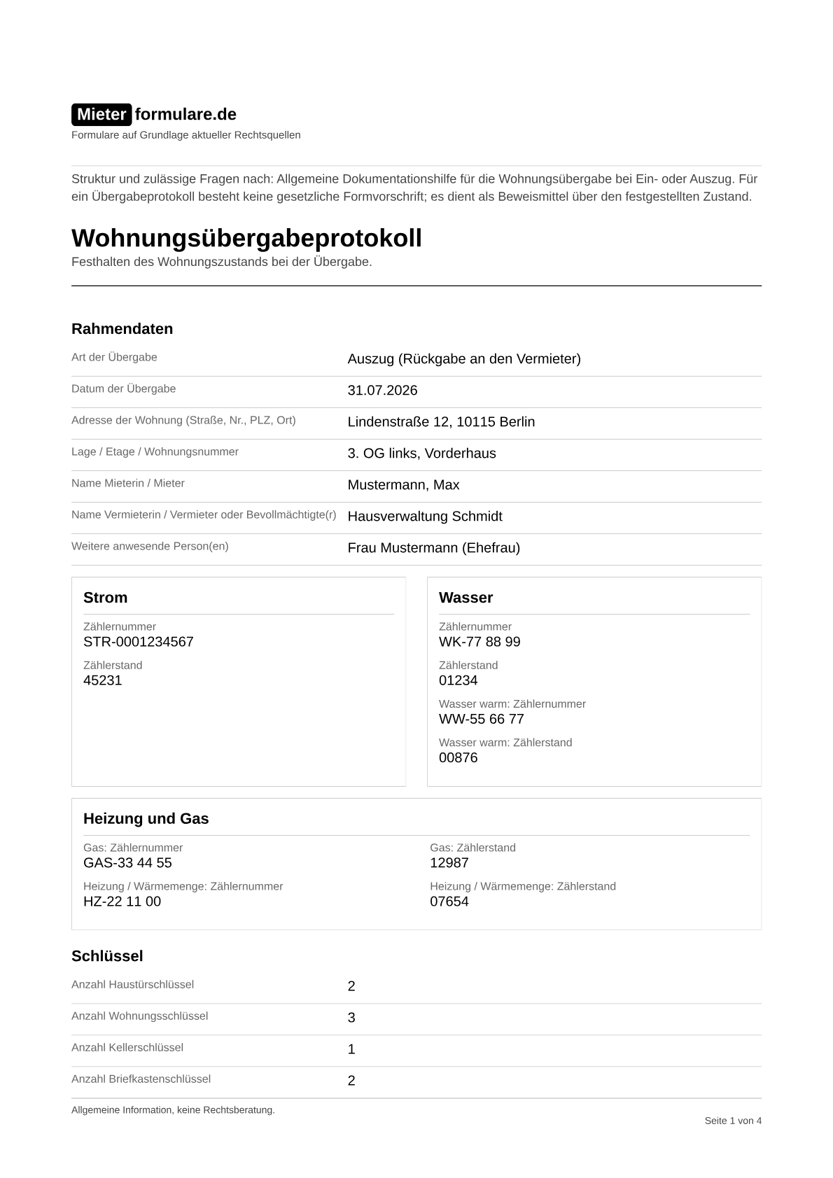Musteransicht eines ausgefüllten Wohnungsübergabeprotokolls mit Beispielfotos