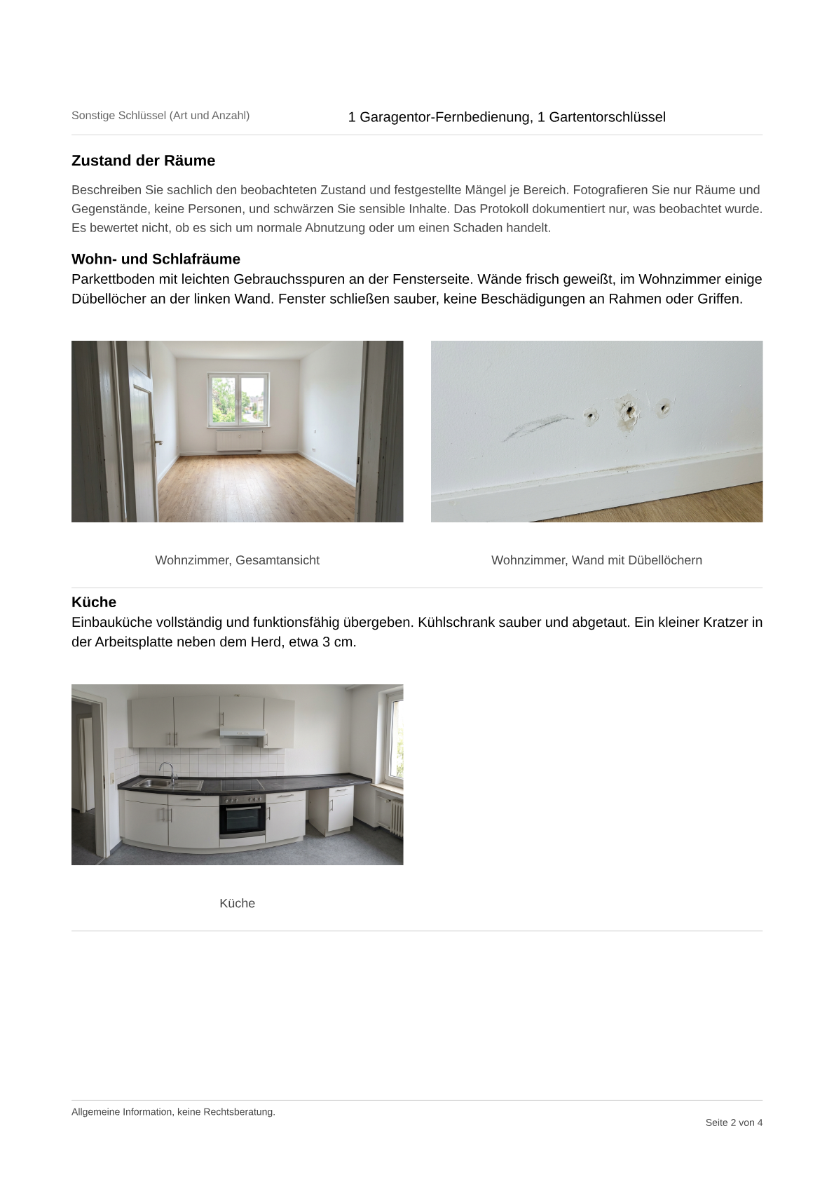 Musteransicht eines ausgefüllten Wohnungsübergabeprotokolls mit Beispielfotos