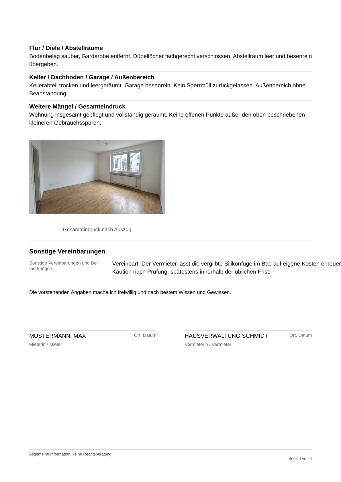 Musteransicht eines ausgefüllten Wohnungsübergabeprotokolls mit Beispielfotos